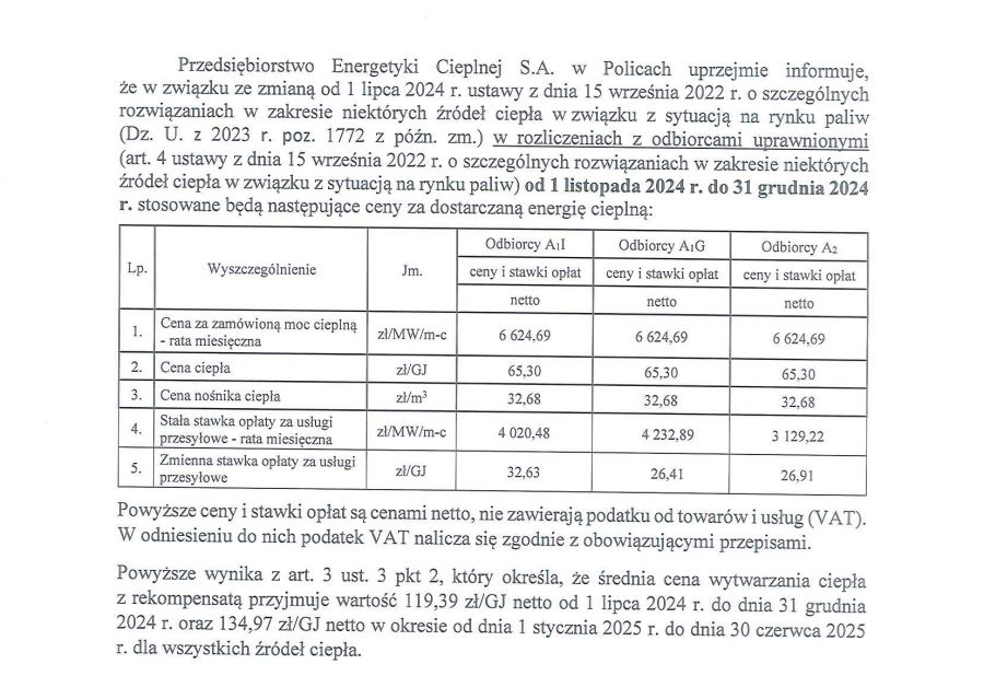 informacja taryfa padziernik 2024