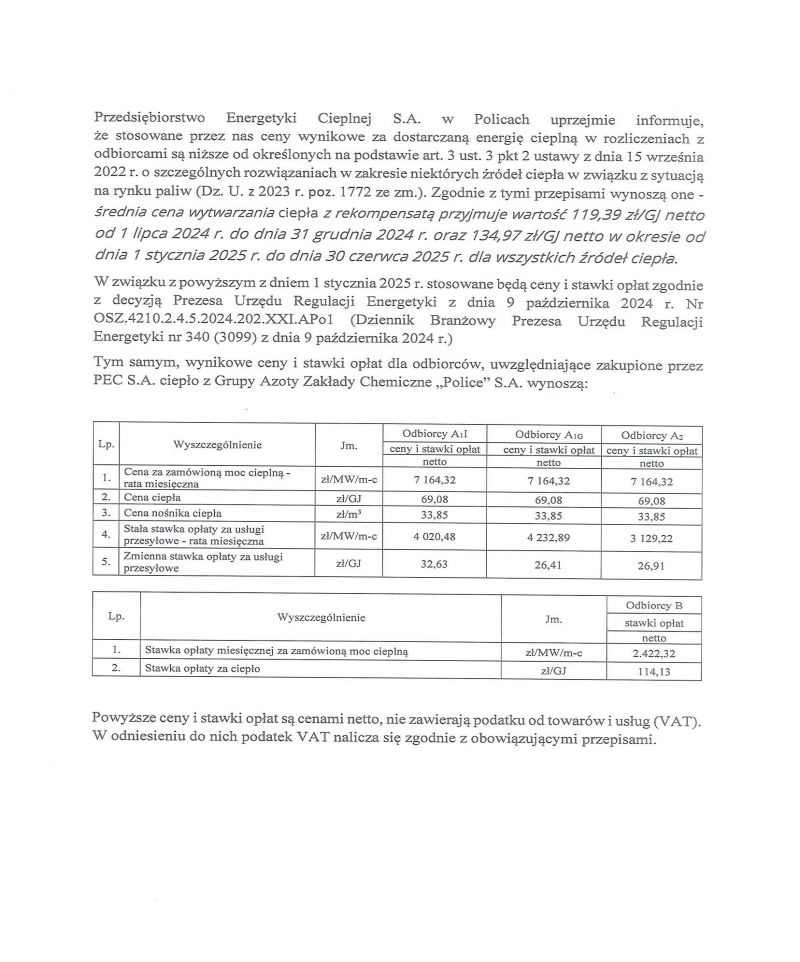 informacja ceny